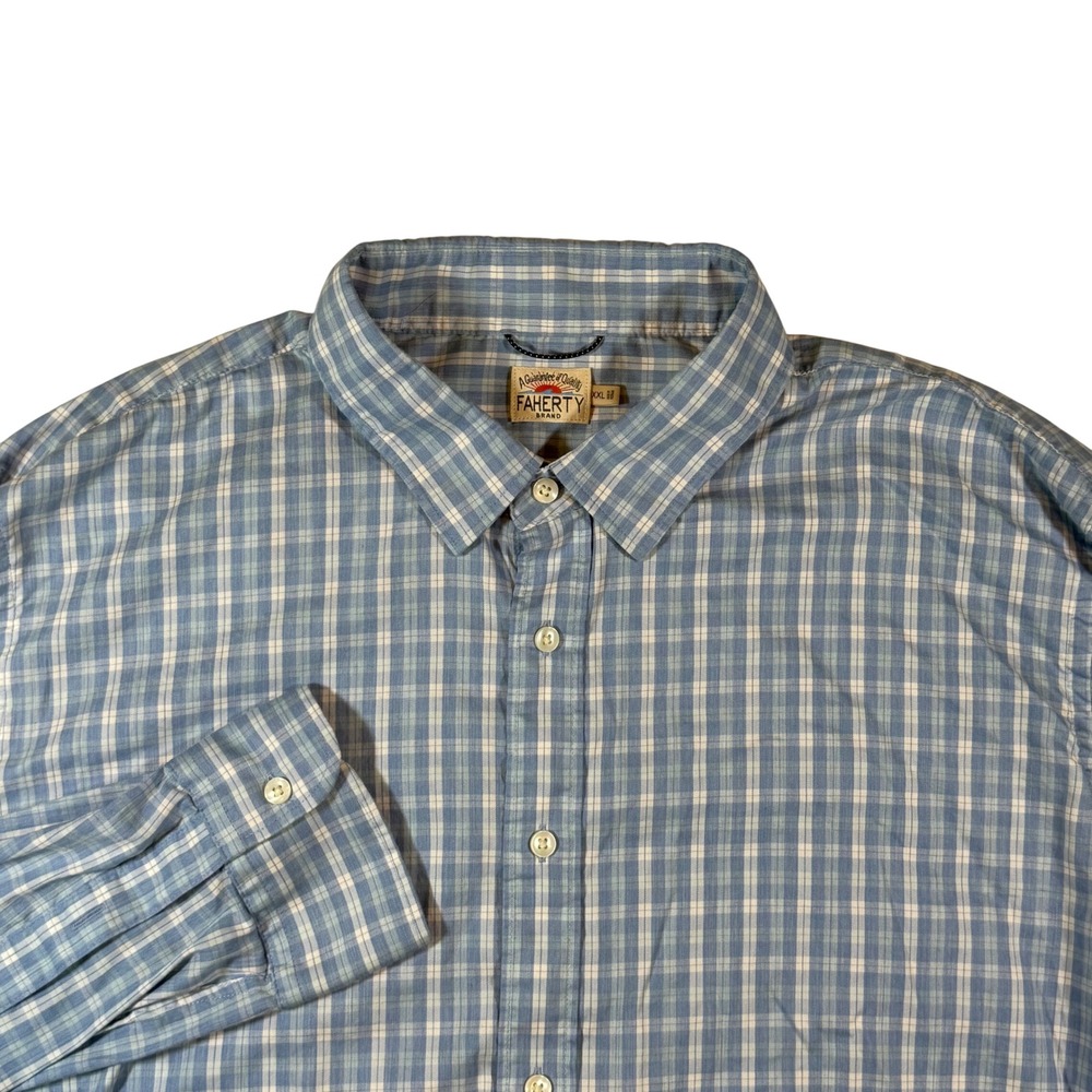 Faherty Plaid Button Down Shirt Mens XXL Blue White Coastal Casual Stretch Top